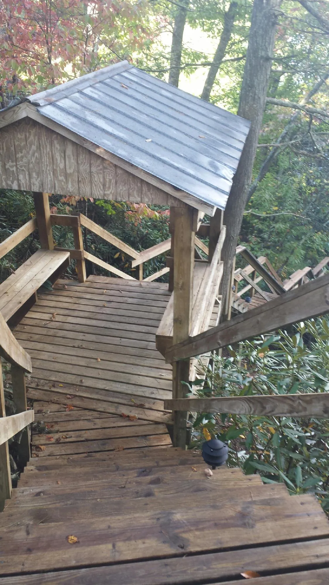 Metal roofed shelter over wooden steps on a wooded walkway — Skylight Repair & Installation work by our crew in Rensselaerville